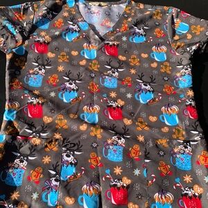 Festive Gray Scrub Top with Holiday Print